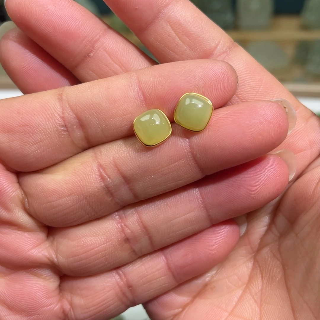 和田玉耳饰银S925镶嵌