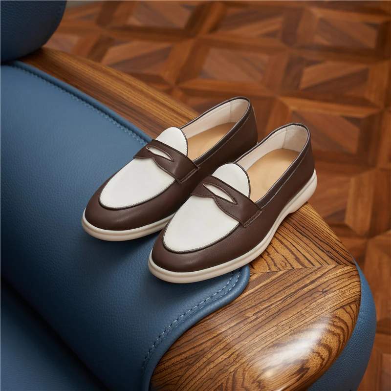 乐福鞋比利时香槟英伦风休闲百搭真皮拼色夏季一脚蹬头层牛皮新款