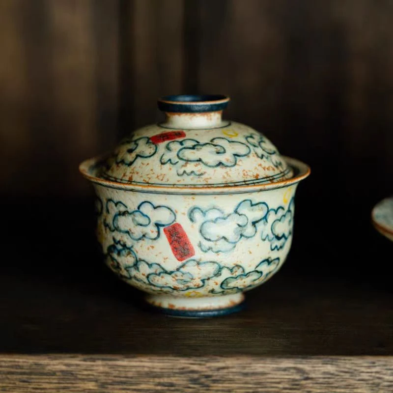 青花火石红纯手绘祥云欢喜-德逸二才盖碗(ZH-3739)