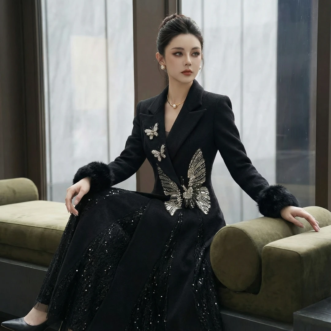 【芙娜妮】秋冬2025中长款小个子西装领蝴蝶长袖外套女装FG2531184A