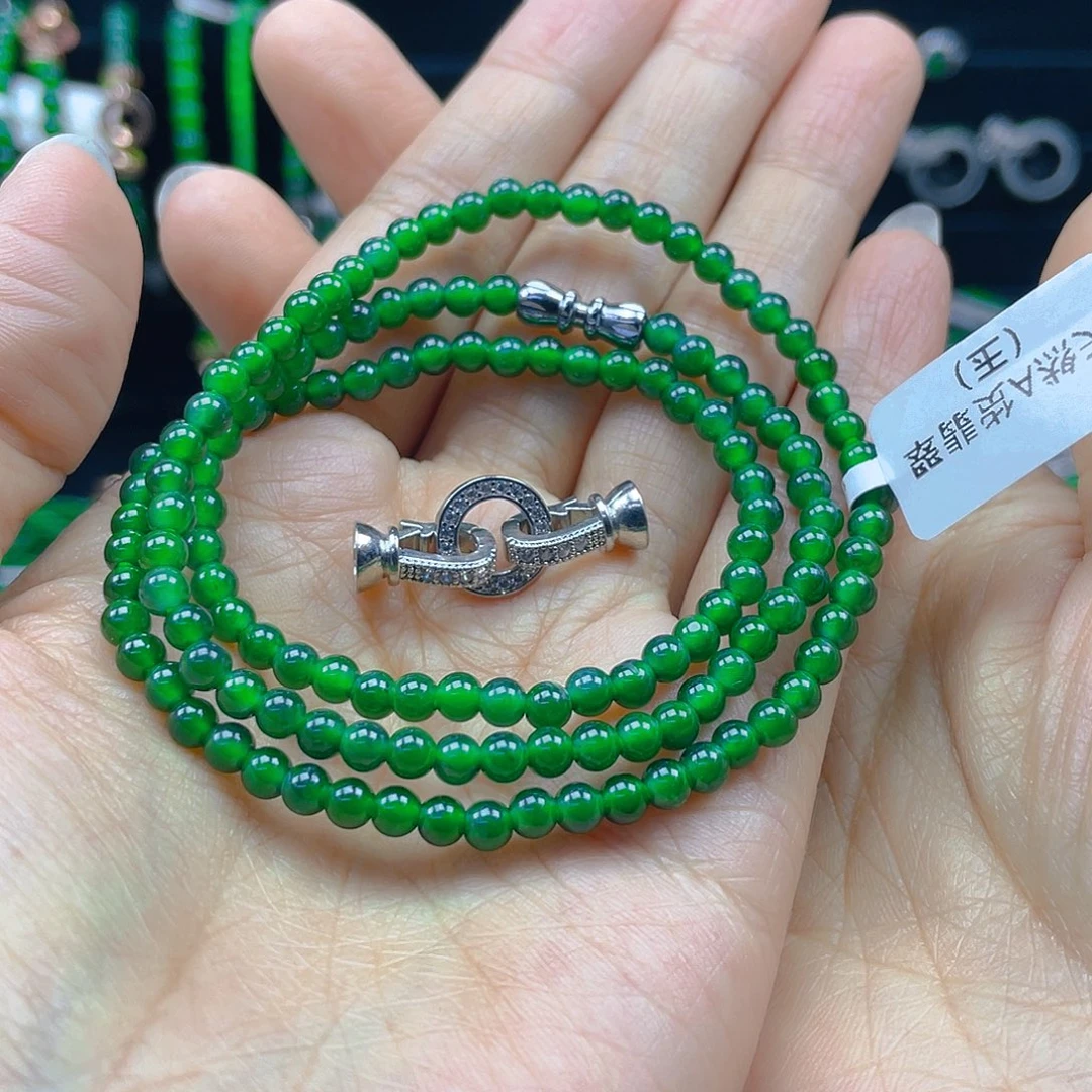 翡翠颈饰未镶嵌U**u天然A货翡翠珠串卡4辣绿