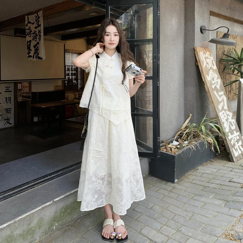 新中式清冷感禅意套装女夏2025新款国风复古提花上衣半身裙两件套