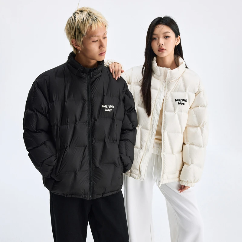 WaitingWave基础压印logo纯色立领宽松羽绒服90白鸭绒男女同款