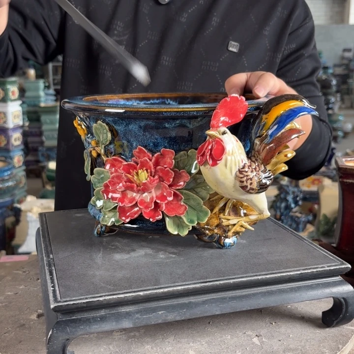 。一风堂石湾花盆 小缝隙 釉水流动 内20*13