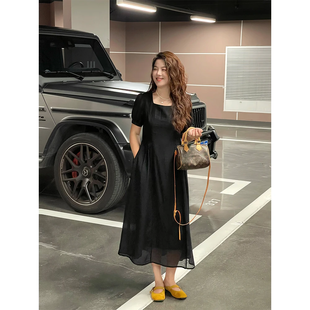 WenWen小个子韩系方领高级感气质连衣裙显瘦中长款新款裙子4193