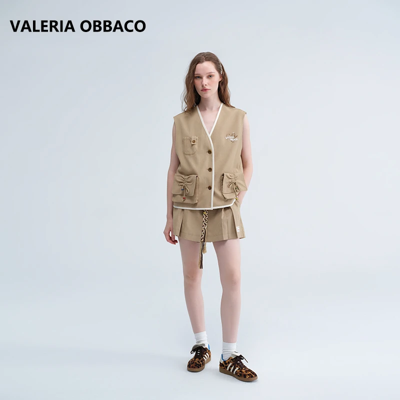 VALERIAOBBACO/瓦莱丽娅 奥贝科卡其色亚麻麻绳百褶裙裤女短裤夏