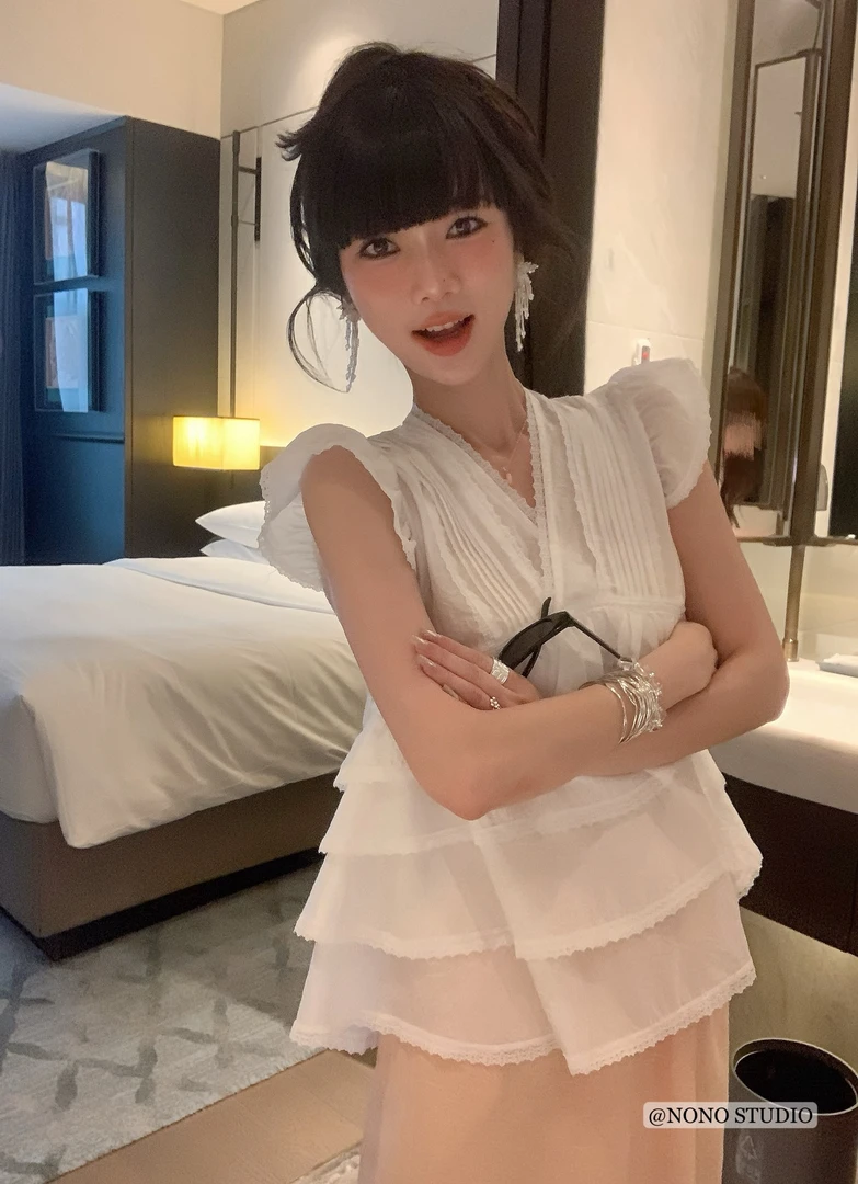 NONO（9NO1528#)浪漫系 甜美小飞袖蕾丝花边衬衫 9-515