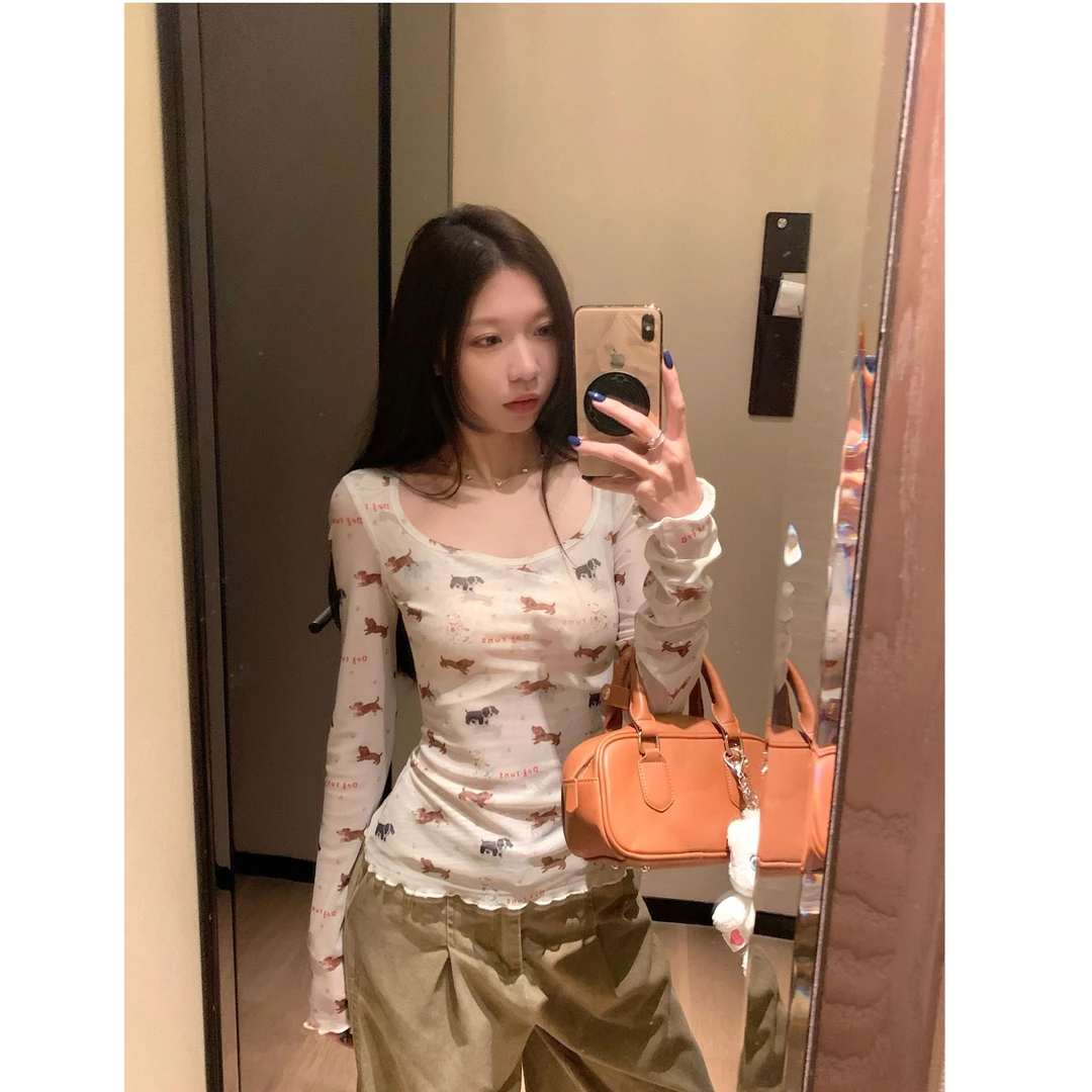 印花小狗U领修身复古长袖T恤女秋韩系上衣#Q 9148