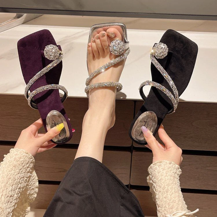 绝美水钻夹脚套趾拖鞋女夏季外穿新款法式仙女风高跟凉拖鞋配裙子