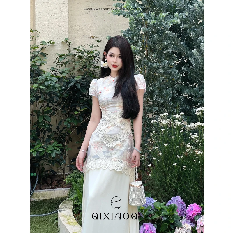 七小七Sicily【春绮花梦】新中式国风改良旗袍雷丝镂空长款连衣裙女