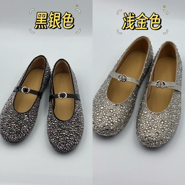 （欧货）玛丽珍仙女风纯手工满钻一字带扣真皮浅口平底单鞋百搭