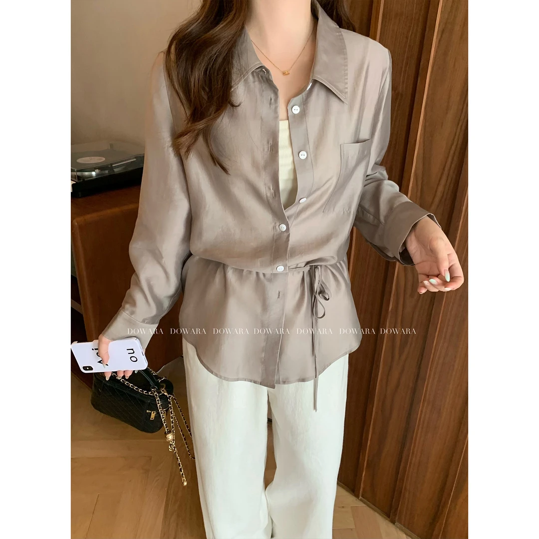 现货大婉酱微胖定制小心机腰身设计感衬衫女春季莱赛尔衬衣 7838D