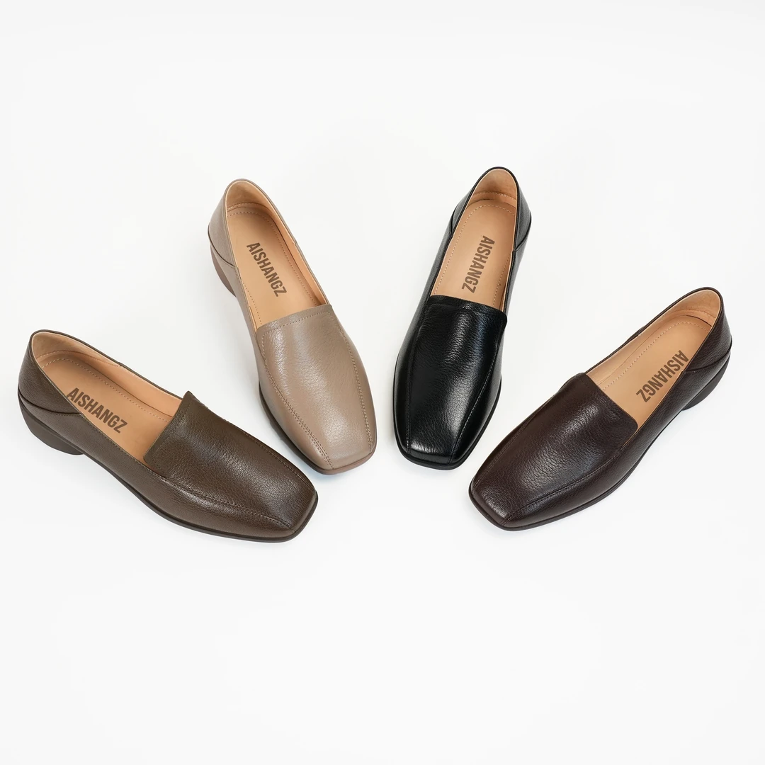 3厘米跟高春季新款单鞋舒适时尚休闲女士真皮粗跟方头中跟