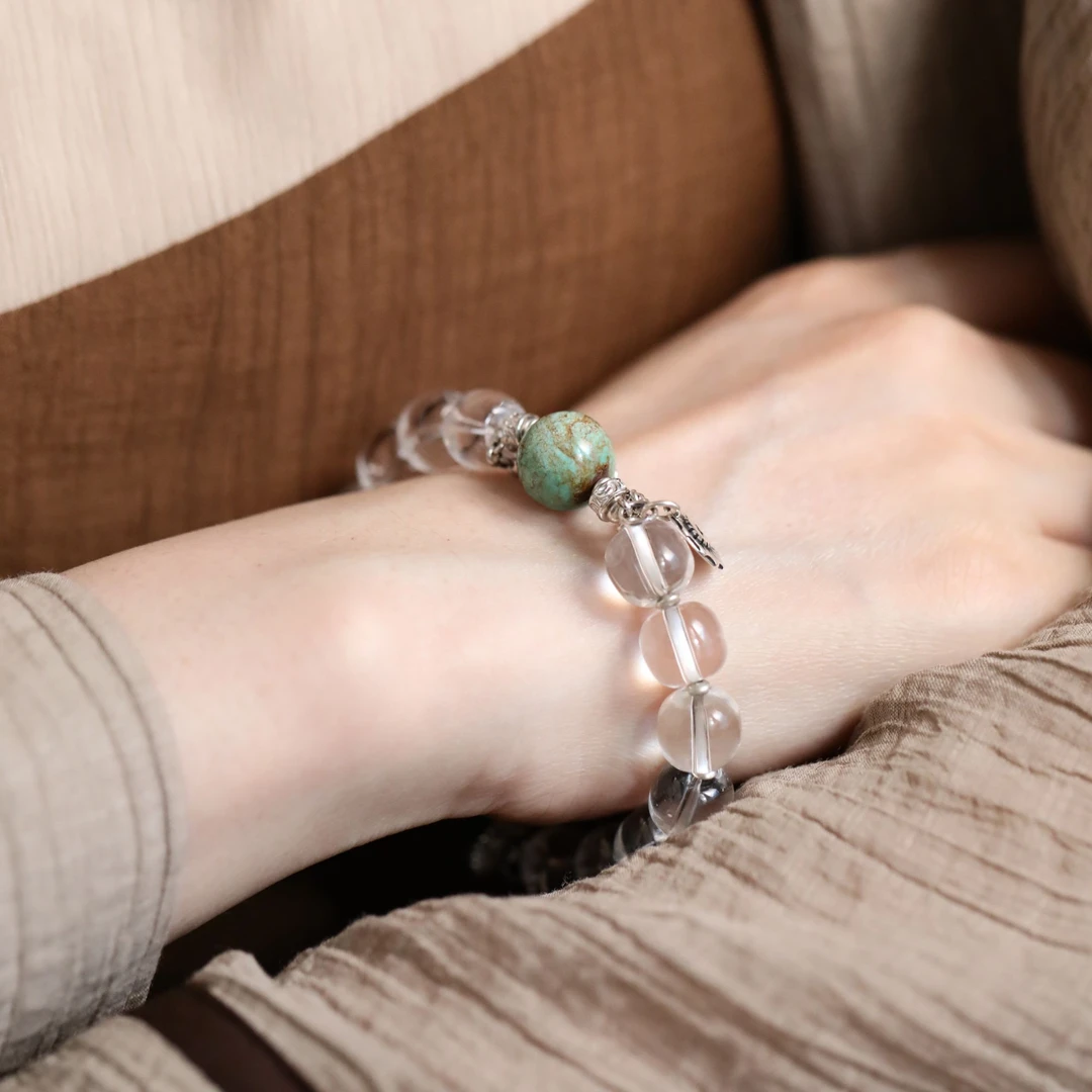 <一禅兄>S925银白水晶绿松石香香桶珠小鸟圆牌吊坠弹力手串