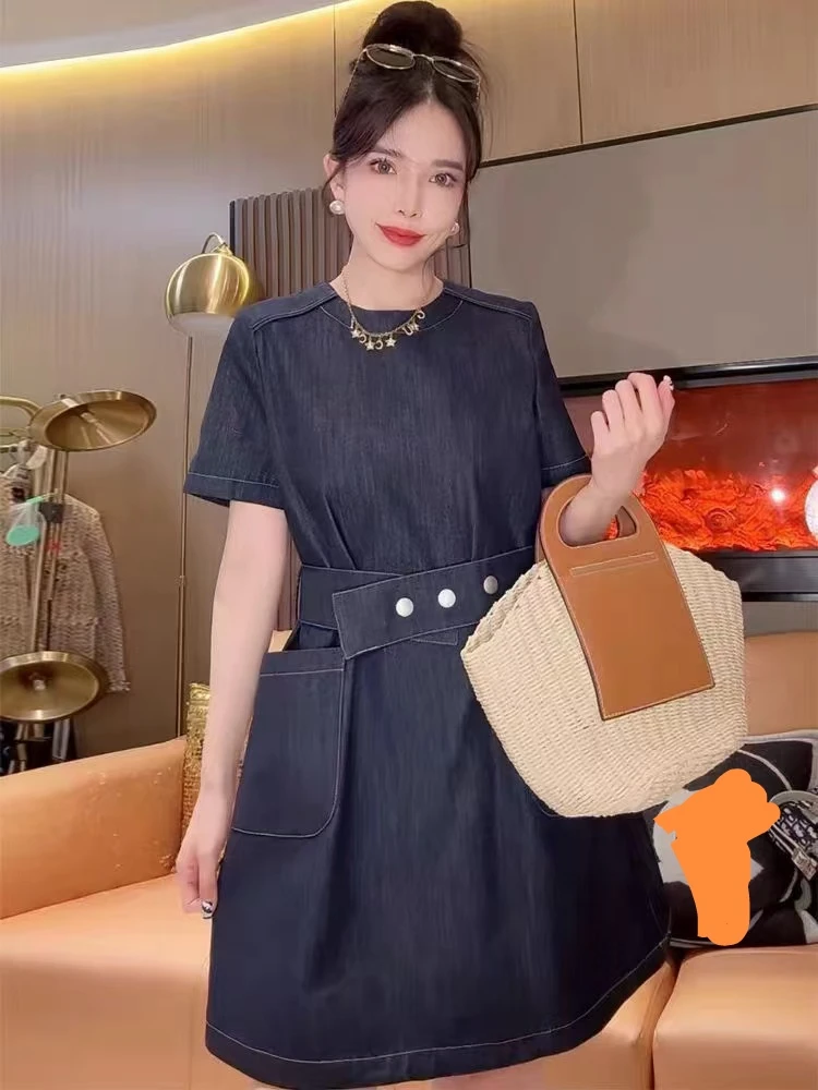楠楠2025夏季新款欧洲站显瘦宽松圆领系带短袖收腰纯色牛仔连衣裙