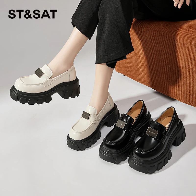 星期六女式时尚百搭春季复古粗跟厚底休闲法式英伦风圆头乐福鞋