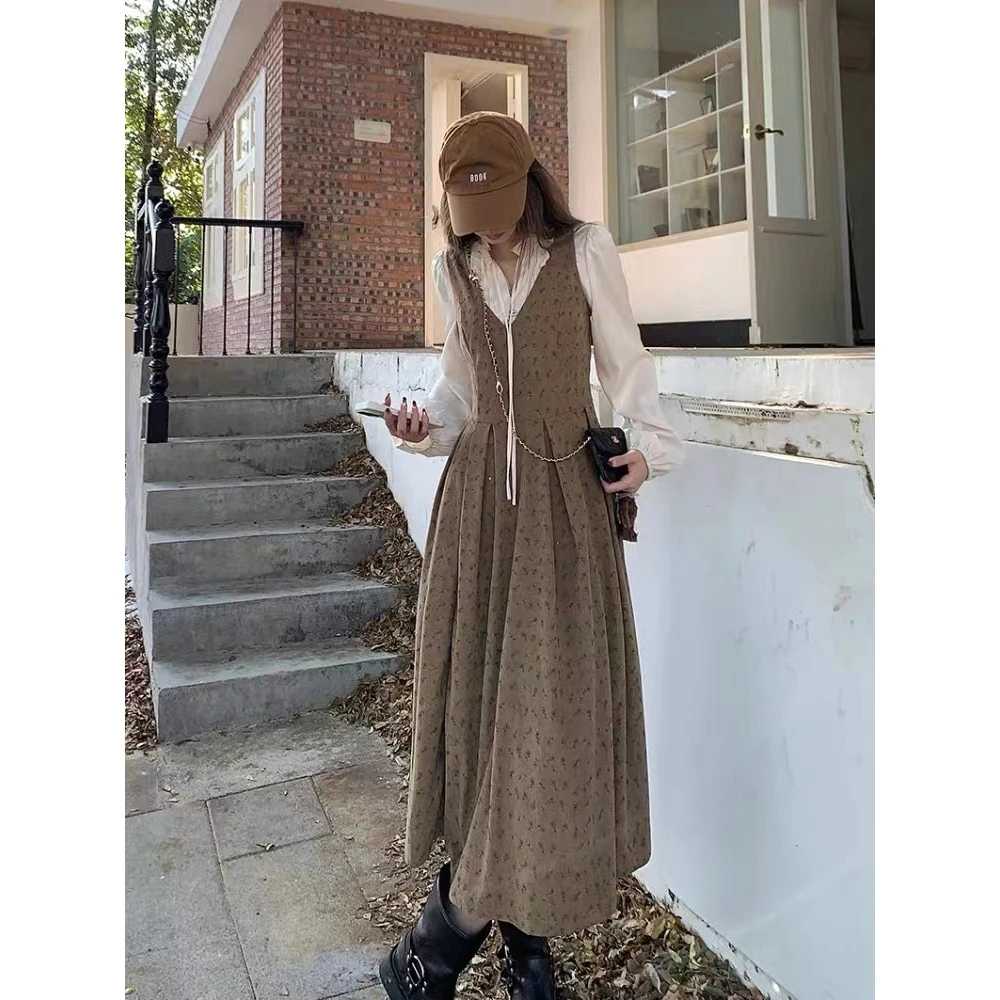 复古碎花连衣裙女2024新款秋季气质显瘦长袖衬衫两件套8031