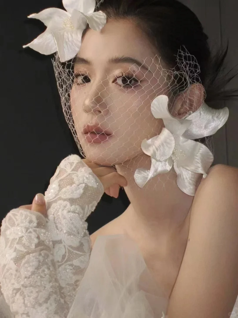 好柿｜466韩子老师同款缎面花朵法式复古+面纱新娘饰品