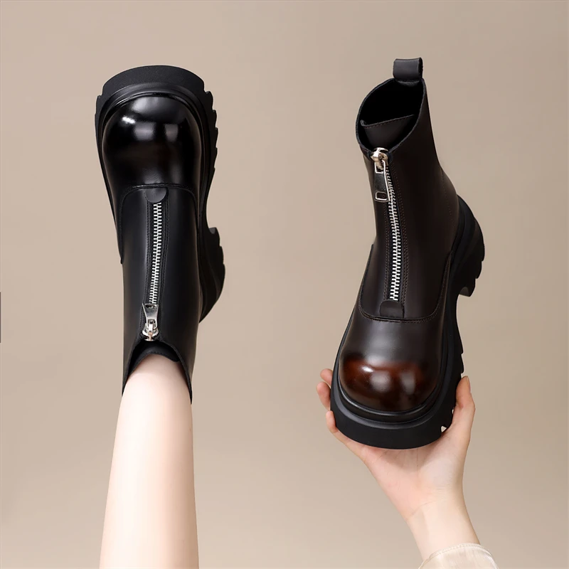 欧货爆款厚底英伦马丁靴女2025年秋冬新款前拉链软底轻便时装短靴