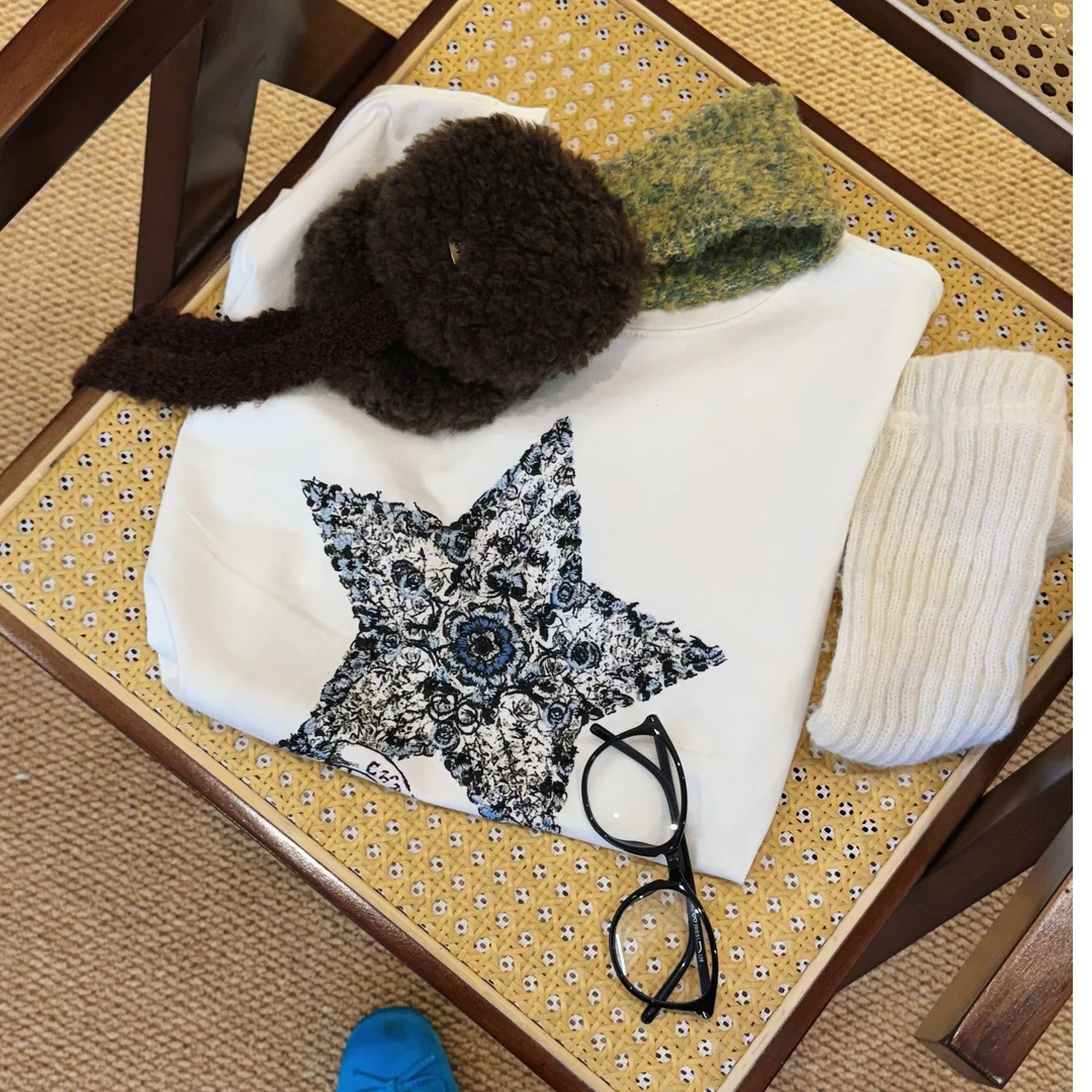 CAICAI-【繁花】美式小众潮牌短袖小个子甜酷风设计感T恤女宽松内搭