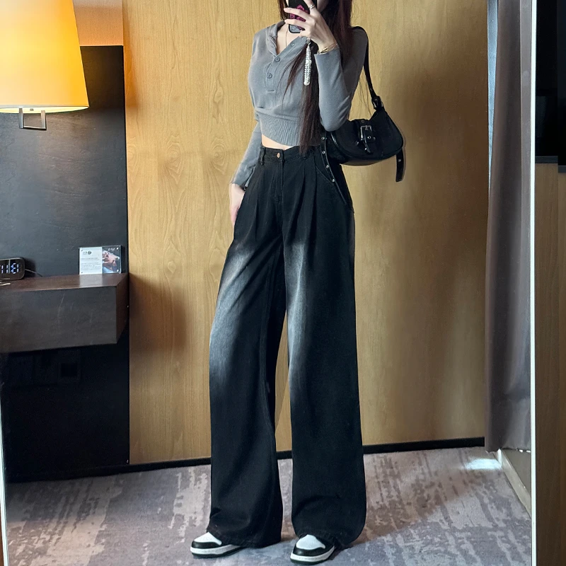美式复古黑灰阔腿牛仔裤女2025年秋季新款设计感高腰显瘦磨白直筒