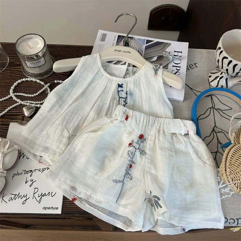 女童单排扣中国风碎花薄款套装女洋气上衣韩版夏季