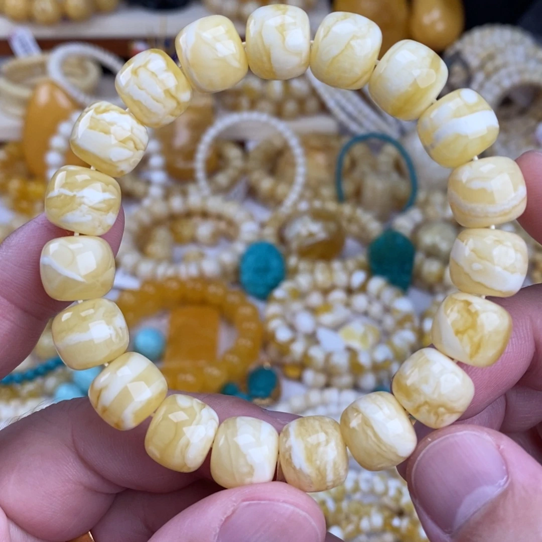 蜜蜡未镶嵌手链瓷白细纹白底虎皮纹12.5mm