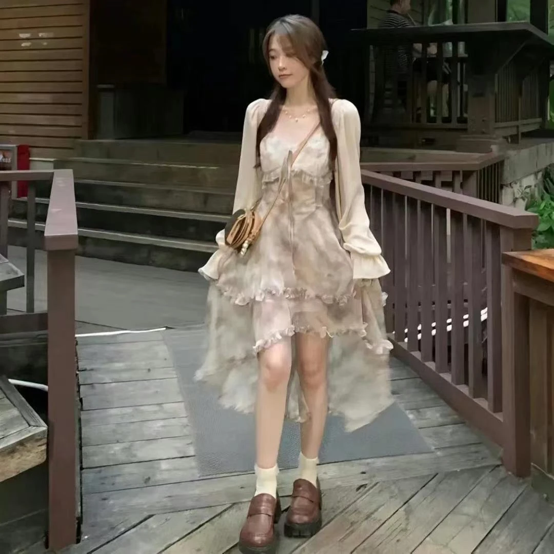 （下单备注编码）新中式水墨印花拼接吊带连衣裙禅意清冷感设计蕾丝