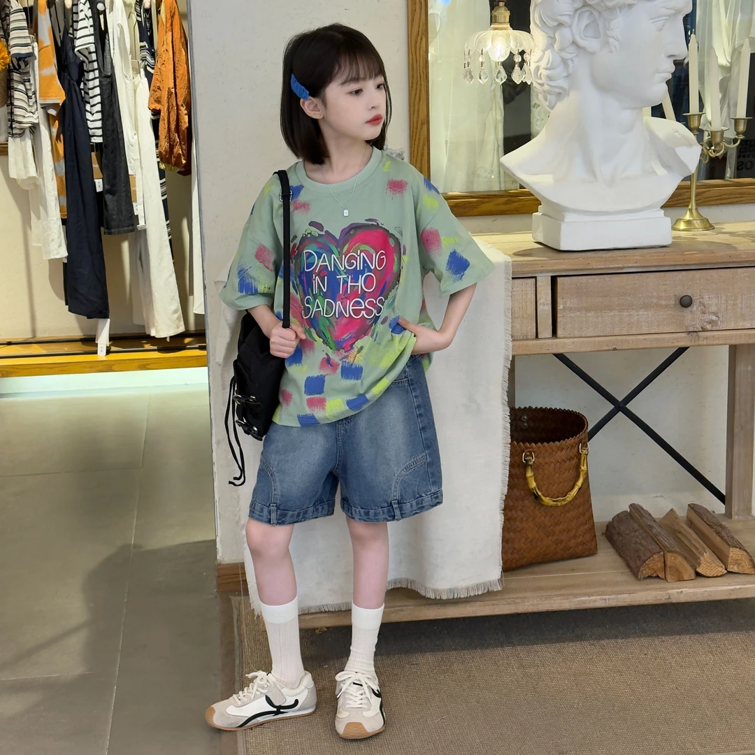 女童夏季扎染休闲涂鸦豆绿爱心短袖双腰短裤2025新款大童学生夏装