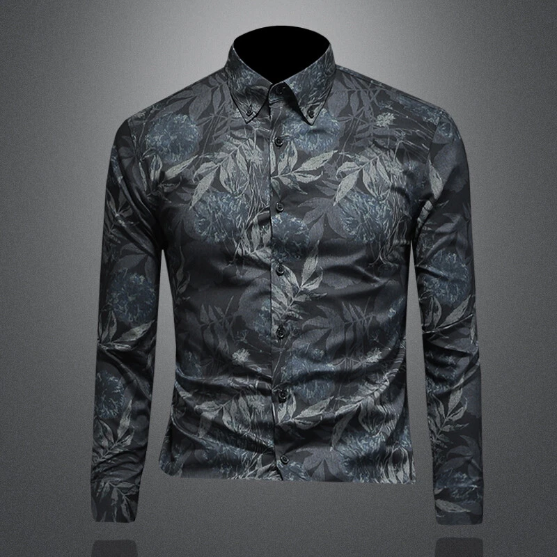 肯梅灵列潮流欧货秋季男士时尚印花长袖衬衫休闲帅气百搭修身衬衣