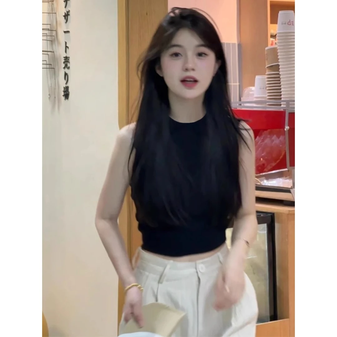 小众绝美吊带黑色显瘦背心T恤夏季圆领运动无袖外穿内搭修身上衣