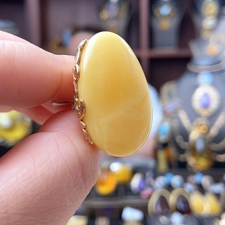 琥珀戒指银S925镶嵌戒指