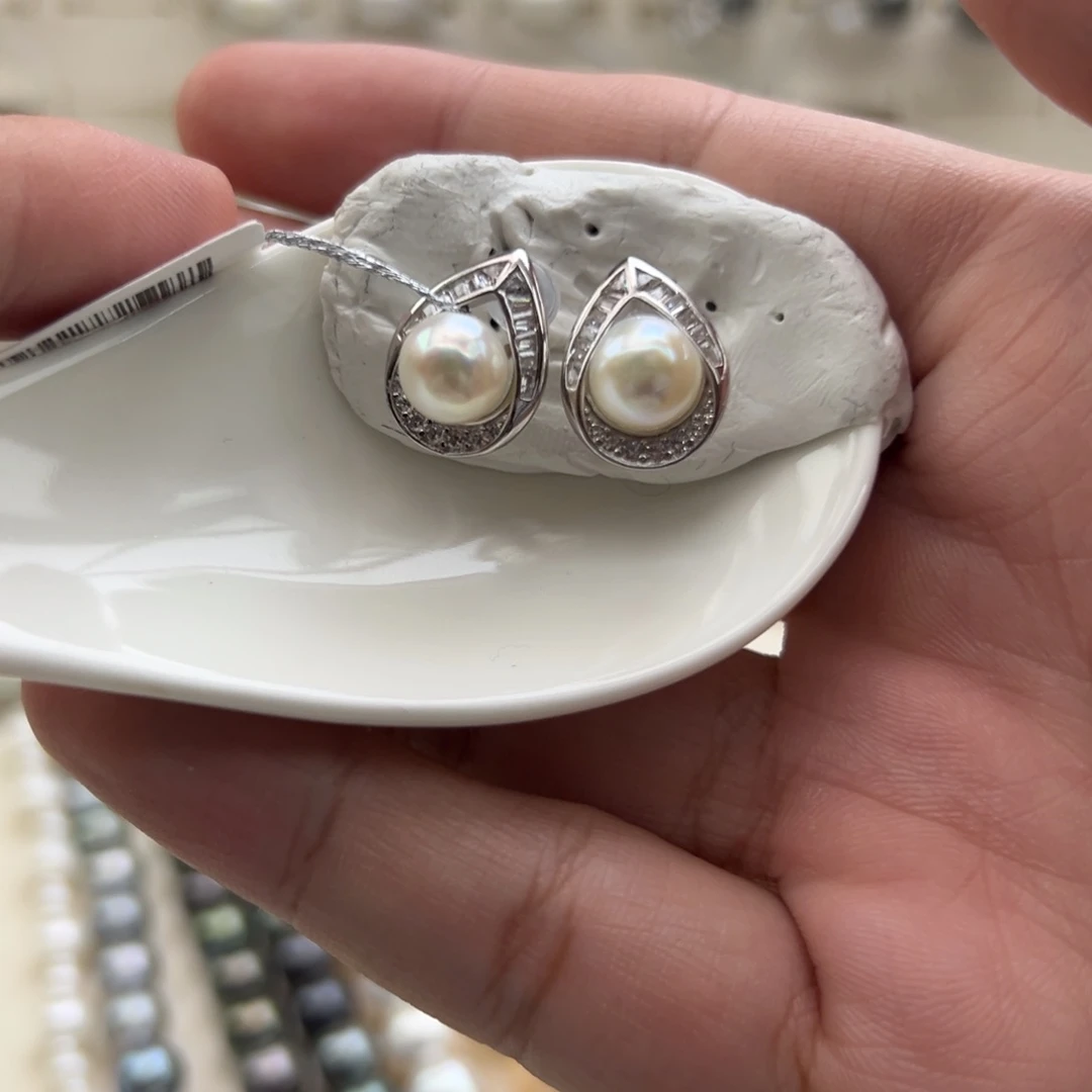 银S925镶嵌耳饰海水珍珠7-8mm海水Ak水滴耳钉