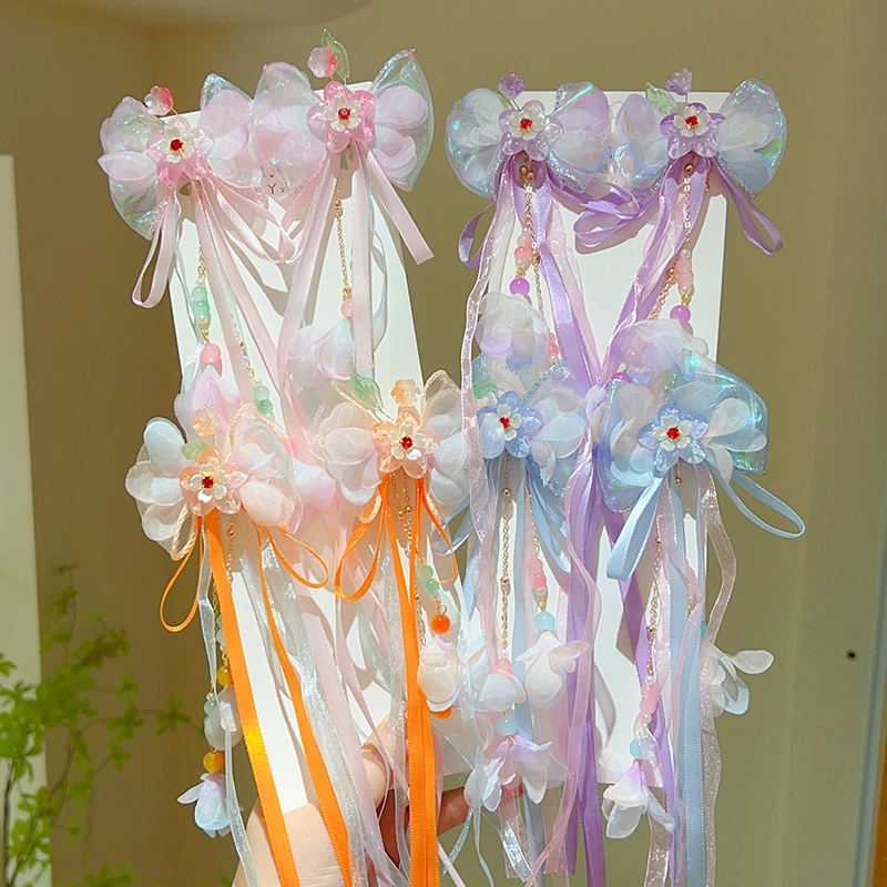 新款国风发饰古风新中式流苏汉服头饰女儿童发夹古装编发公主飘带