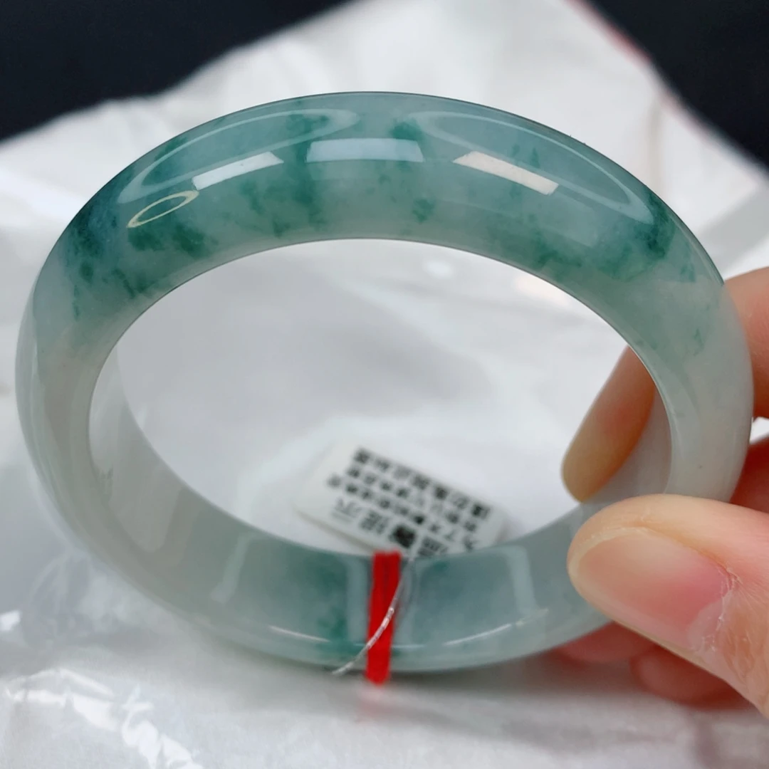 未镶嵌手镯翡翠52.7正圈，半山水飘蓝花，版型好，015