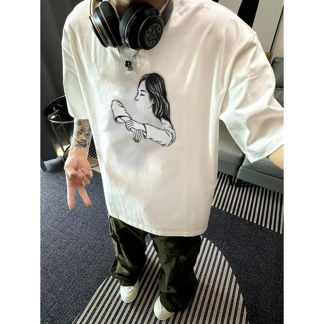 100%纯棉320克重磅夏季小众卡通美式休闲美式T恤ins圆领百搭短袖