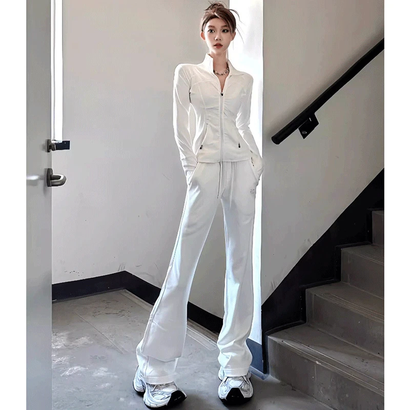 美式辣妹白色休闲运动套装女2025春季高个子显瘦高腰微喇裤两件套