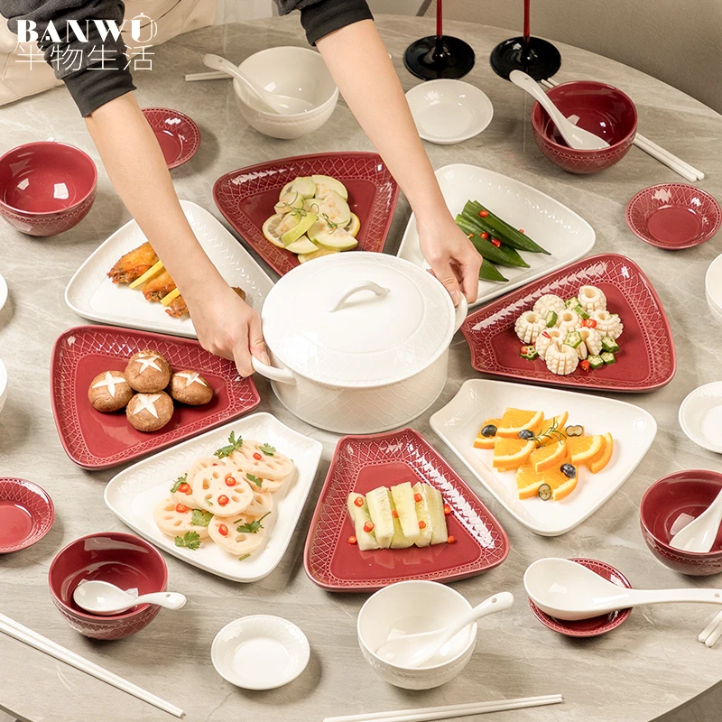 碗盘套装年夜饭盘子套装团圆拼盘餐具组合乔迁之喜家用陶瓷扇形盘