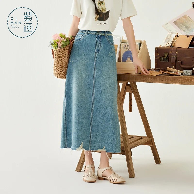 紫涵牛仔半身裙女复古毛边高腰百搭中长裙Z4Z03BS112