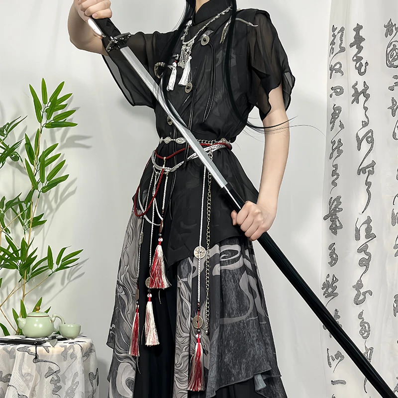 花悦诗风【墨影】原创改良国风少年感古风吊带短袖灯笼夏季国风套装