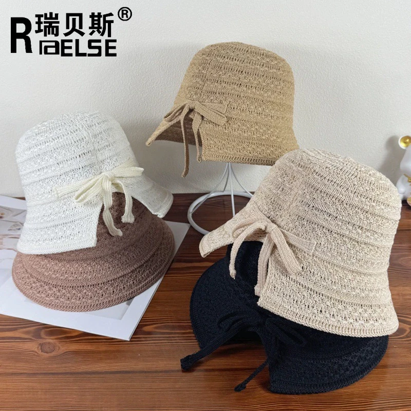 日系新款百搭蝴蝶结渔夫帽女夏季针织镂空透气休闲遮阳帽子显脸小