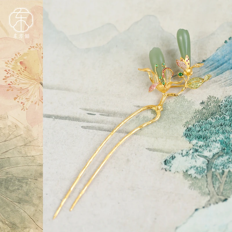 东方俪DOFUNLY【梦觉莺】和田玉兰花发簪18K金设计款镶嵌FQFZ雅韵