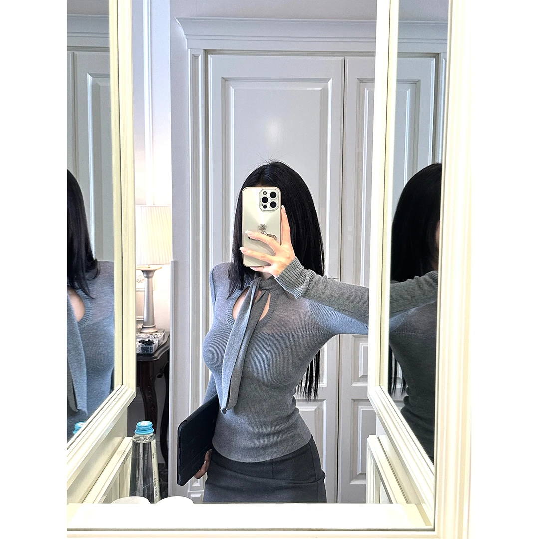 FuunJ 松弛智妍设计感半透打结修身显瘦外穿针织衫女内搭打底上衣