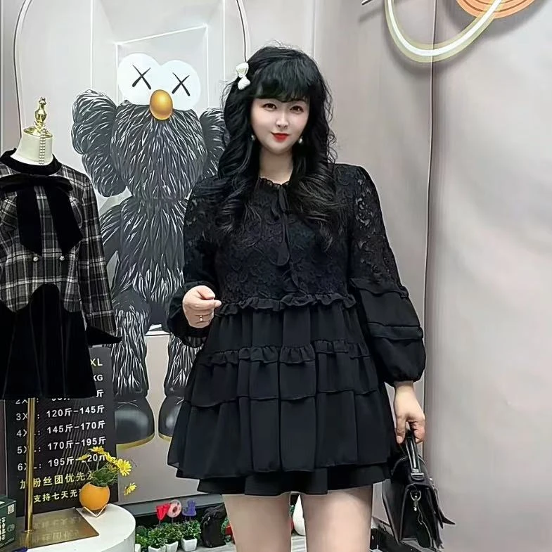 岚岚大码女装新款时尚韩版拼蕾丝荷叶边宽松遮肉女神衫25068
