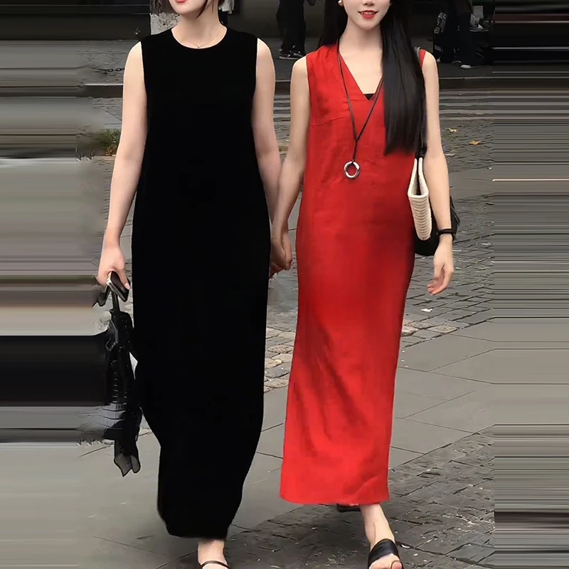 老钱风松弛感穿搭女夏季新款宽松百搭红色连衣裙气质休闲中长裙潮