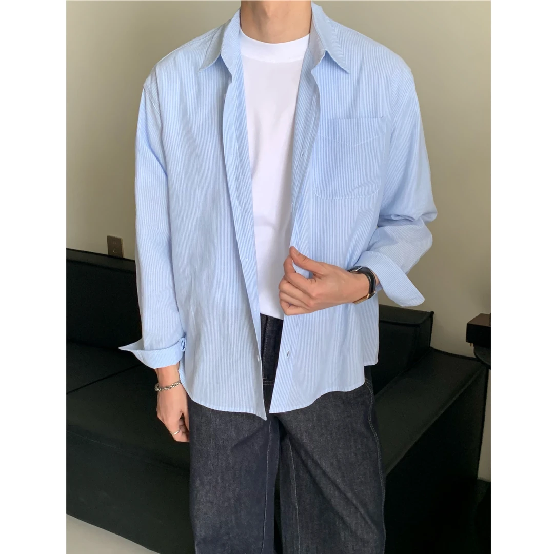 LIAOQIYUIN/宽松男生设计感长袖衬衣天空蓝洗水棉条纹衬衫5018