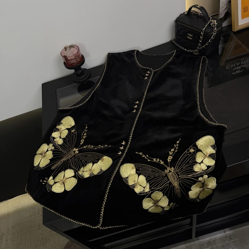重工刺绣蝴蝶国风新中式女款上衣马甲百搭款圆领黑色流行时尚秋季