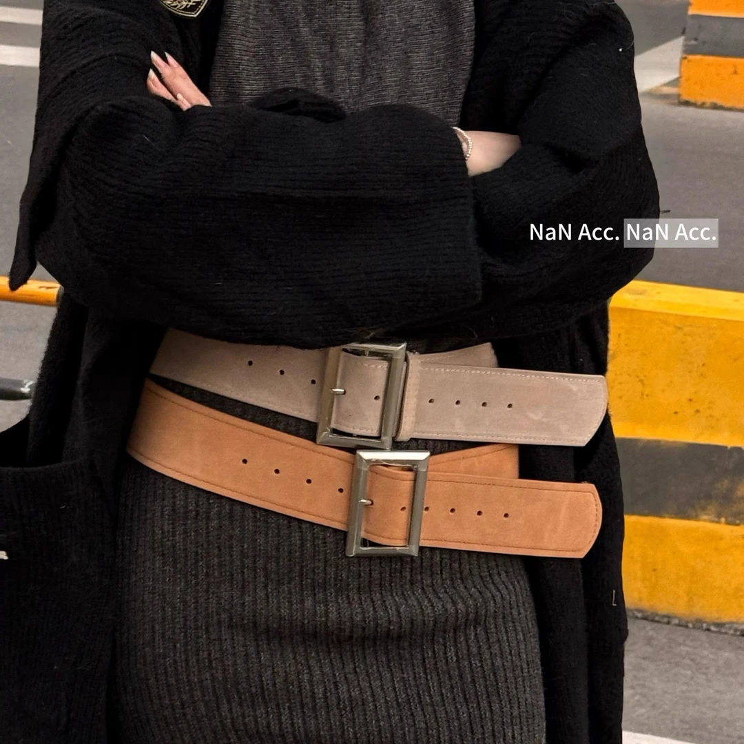 2024秋冬新款叠穿韩系麂皮绒牛皮皮带高级简约色系百搭宽腰带腰封