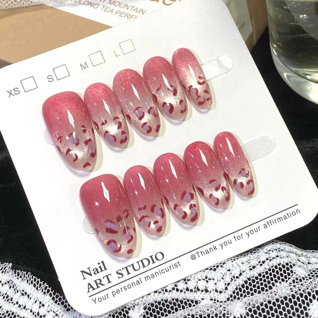 006#【醉红豹纹】纯手工穿戴甲指甲贴片半手工穿戴美甲假指甲