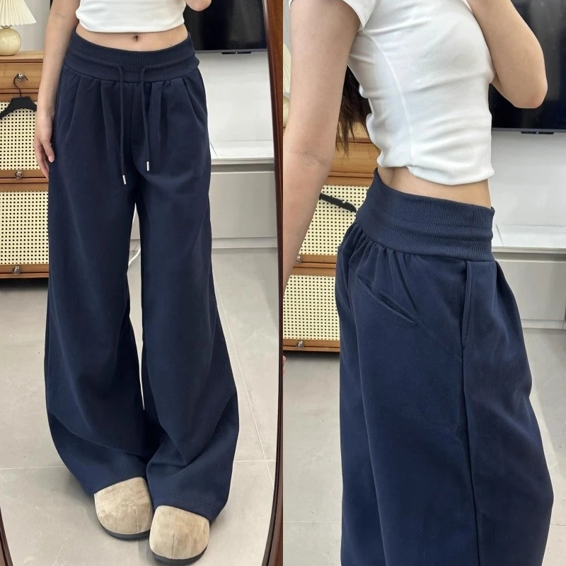 藏青色螺纹腰美式垂感直筒宽松运动裤女高腰显瘦休闲阔腿卫裤秋季
